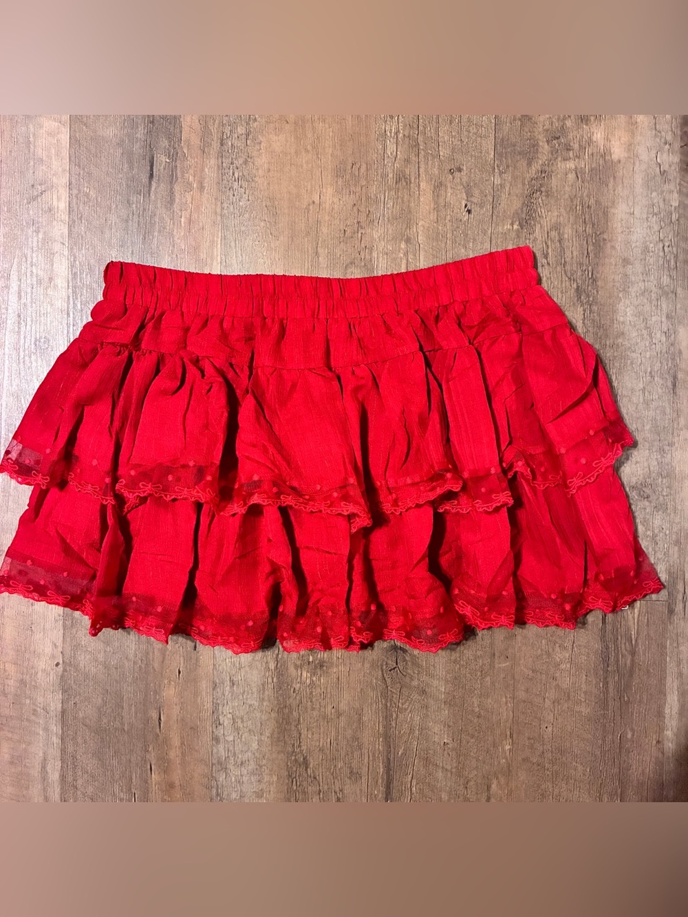 Amazon Red Tiered Ruffle Mini Skirt with short underliner